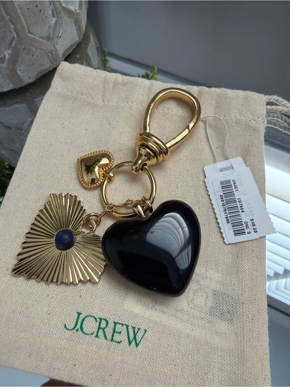 J.Crew Heart Bag Charm Keychain Gold Tone Navy Black Charm NWT